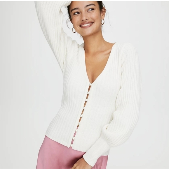 WILFRED Pearl Cardigan Sweater Oak White Ribbed Wool Cotton XXS ARITZIA - Picture 1 of 12